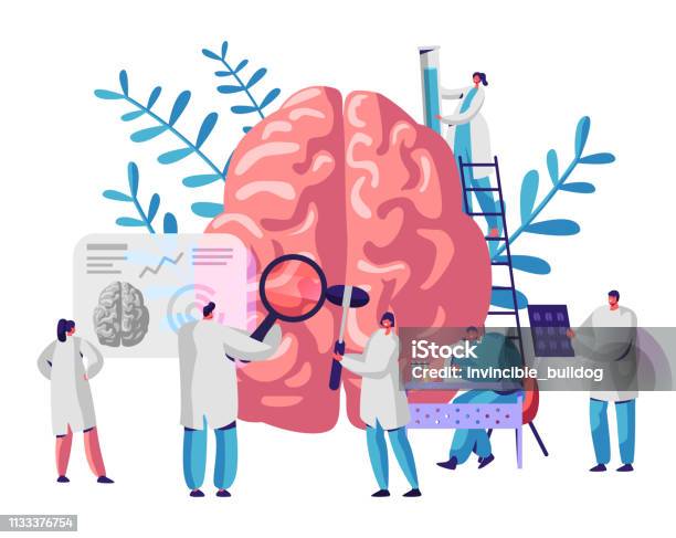 Laboratory Scientist Group Study Human Brain And Psychology Medical Research Microscope Head Tomography Chemical Experiment Diagnostics Development Hemisphere Flat Cartoon Vector Illustration Stock Illustration - Download Image Now