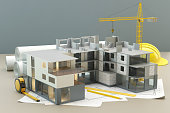 Construction project - plan and build, 3D illustration
