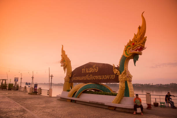 THAILAND ISAN NONG DECLARES MEKONG PHAYANAK a Phayanak or Naga Statue at the mekong river in the town of Nong Khai in Isan in north east Thailand nong khai province stock pictures, royalty-free photos & images