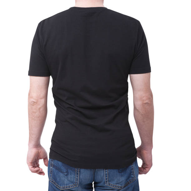 istock Man wearing blank bllack t-shirt isolated on white background with copy space. Tshirt design and people concept - close up of men in blank shirt. Back view 1133387144