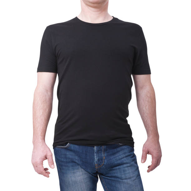 istock Man wearing blank black t-shirt isolated on white background with copy space. Tshirt design and people concept - close up of men in blank shirt. For mock up template design. Front view 1133387147