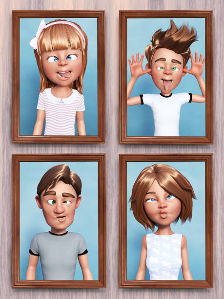3d-рендеринг глупых карикатурных семейных портретов на стене. - sibling sweden family smiling стоковые фото и изображения