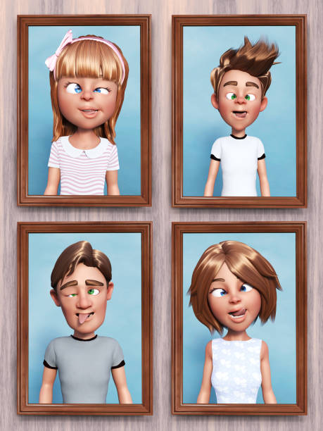 3d-рендеринг глупых карикатурных семейных портретов на стене. - sibling sweden family smiling стоковые фото и изображения