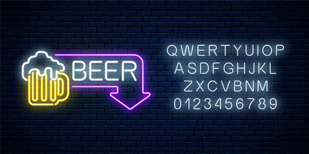Glowing neon beer pub signboard in rectangle frame with arrow and alphabet. Advertising sign of nightclub with bar. Glowing neon beer pub signboard in rectangle frame with arrow and alphabet on dark brick wall background. Luminous advertising sign of nightclub with bar. Vector illustration. cafe bar counter stock illustrations