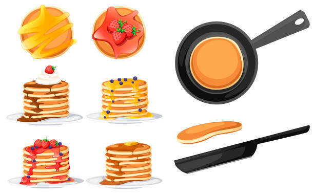 illustrazioni stock, clip art, cartoni animati e icone di tendenza di set di quattro pancake con condimenti diversi. frittelle su piatto bianco. cottura con sciroppo o miele. concetto di colazione. pancake soffice in padella. illustrazione vettoriale piatta su sfondo bianco - honey caramel syrup fruit