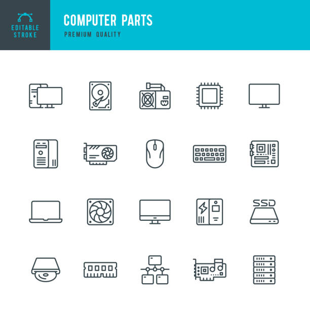 ilustraciones, imágenes clip art, dibujos animados e iconos de stock de piezas de ordenador-conjunto de iconos vectoriales de línea delgada - pc mother board