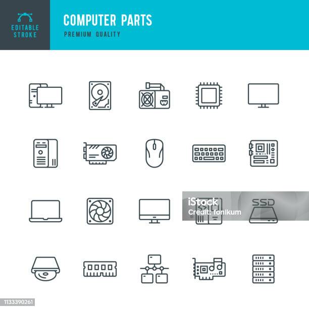 Computer Parts Set Of Thin Line Vector Icons Stock Illustration - Download Image Now - Icon Symbol, Laptop, Network Server