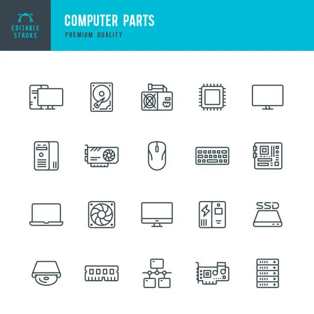 Vector illustration of Computer Parts - set of thin line vector icons
