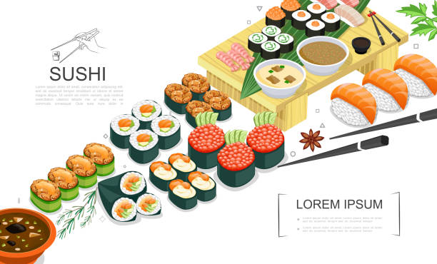 ilustraciones, imágenes clip art, dibujos animados e iconos de stock de colección de alimentos isométricos de sushi - sashimi