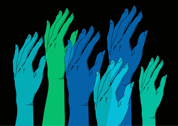 ilustrações de stock, clip art, desenhos animados e ícones de cartoon skethed blue hands raised up, creative art for wallpaper - human hand on black