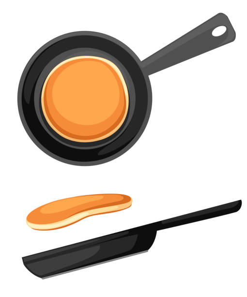 ilustrações de stock, clip art, desenhos animados e ícones de flying pancakes and frying pan. flat vector illustration isolated on white background. breakfast icon - pancake buttermilk buttermilk pancakes equipment