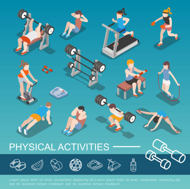 Isometric People In Gym Collection Isometric people in gym collection with men and women running on treadmill riding bicycle jumping rope boxing lifting barbell doing sport exercises vector illustration woman on exercise machine stock illustrations