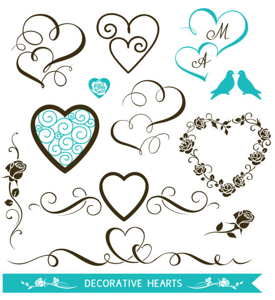 ilustraciones, imágenes clip art, dibujos animados e iconos de stock de conjunto de corazones caligráficos decorativos para el diseño de la invitación de la boda. día de san valentín amor corazones y elementos florales - wedding invitation wedding greeting card heart shape