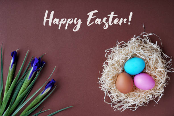 istock Greeting card happy easter colored eggs and nest. 1133394135