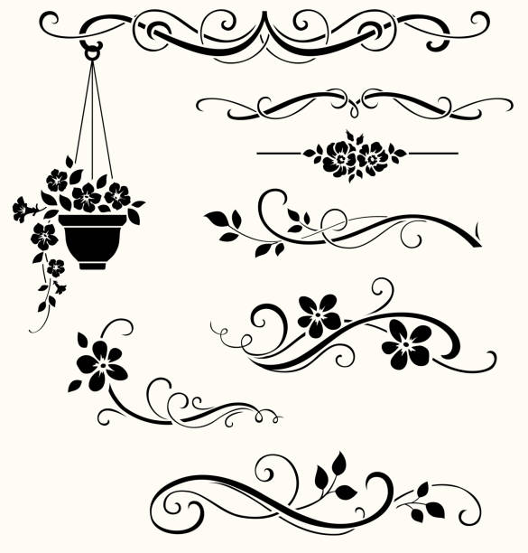 Set of calligraphic dividers, ornaments and floral elements. Vector decorative twigs and flowers. Beautiful flower silhouette Vector illustration decoupage stock illustrations