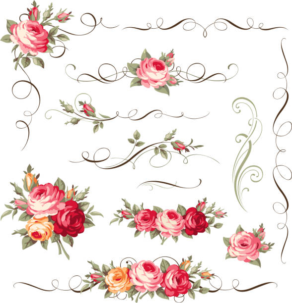 kalligraphische blumenschmuck mit vintage-rosen für seitendekoration. - baroque tattoo stock-grafiken, -clipart, -cartoons und -symbole