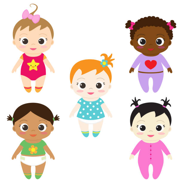 Baby girls Set of six different happy baby girls doll stock illustrations
