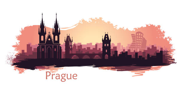 illustrations, cliparts, dessins animés et icônes de paysage de prague avec des curiosités. skyline abstrait au coucher du soleil avec des taches et des éclaboussures de peinture - tyn church