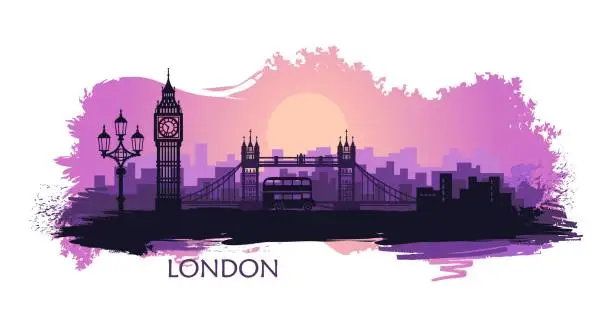 Vector illustration of Stylized landscape of London with big Ben, tower bridge and other attractions