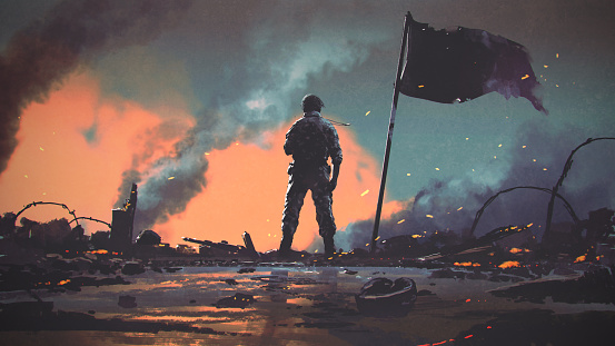 soldier standing alone after the war in a battlefield, digital art style, illustration painting