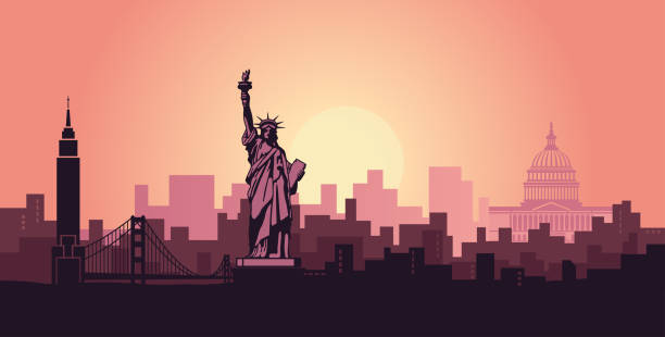 bildbanksillustrationer, clip art samt tecknat material och ikoner med stiliserat landskap i new york med sevärdheterna i usa. abstrakt skyline i gryningen - manhattan skyline sunset