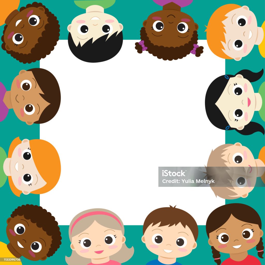 Vector frame with happy boys and girls Vector frame with happy multiracial boys and girls Baby - Human Age stock vector