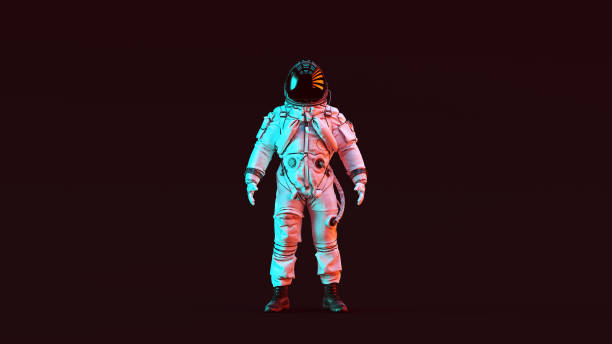 istock Astronaut Advanced Crew Escape Suit with Black Visor and White Spacesuit with Red and Blue Moody 80s lighting Front 1133397570