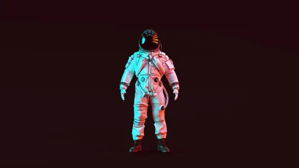 Astronaut Advanced Crew Escape Suit with Black Visor and White Spacesuit with Red and Blue Moody 80s lighting Front 3d illustration 3d render