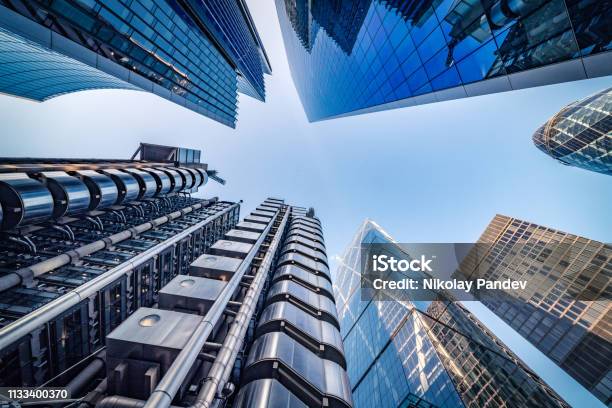 Looking Directly Up At The Skyline Of The Financial District In Central London Stock Image Stock Photo - Download Image Now