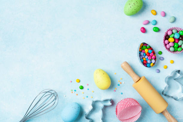 istock Easter baking background with kitchen tools for holiday sweet bakery top view. Flat lay. 1133402222