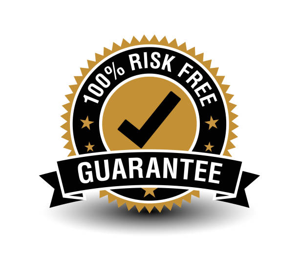 100% wolna od ryzyka odznaka certyfikatu gwarancji z znakiem wyboru. odizolowane na białym tle. - guarantee seal stock illustrations