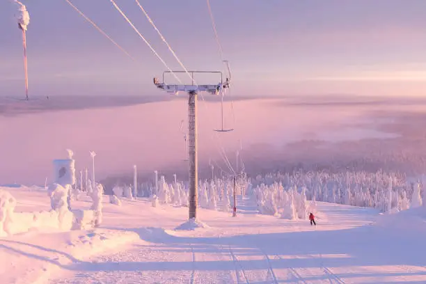 The ski resort of Ruka Kuusamo. Morning on the mountain. Finland Lapland.