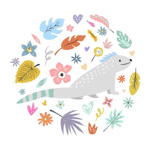 Cute hand drawn iguana character with decorative floral elements. Travel greeting card, print for t-shirts Cute hand drawn iguana character with decorative floral elements. Travel greeting card, print for t-shirts komodo dragon drawing stock illustrations