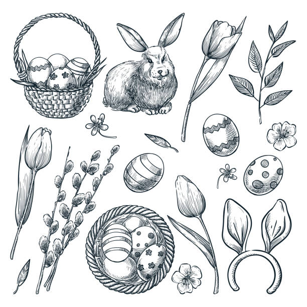 ilustrações de stock, clip art, desenhos animados e ícones de easter eggs, basket, rabbit, willow and tulips. vector sketch illustration. spring holiday design elements set - decoration eggs leaf easter