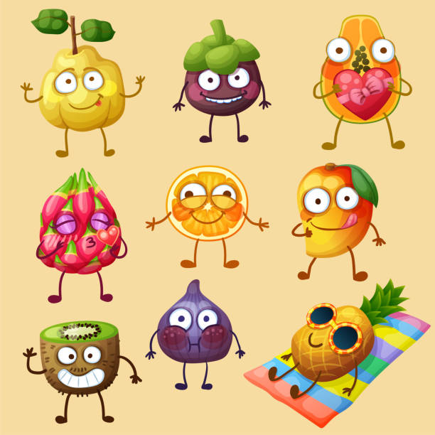 istock Funny fruit characters isolated on white background. Cheerful food emoji. Cartoon vector illustration: quince, mangosteen, papaya, orange, mango, kiwi, fig, pineapple, pitaya 1133408527