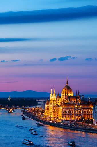 Budapest in the evening, Hungarian Parliament Building at Danube river, capital city of Hungary