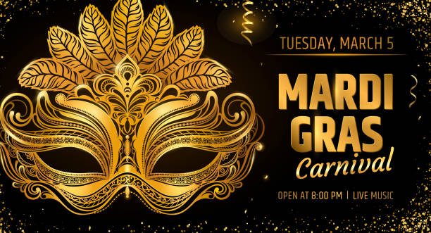 Gold venetian mask. Carnival Party invitation card template. Spring holidays. Vector illustration EPS10. Gold venetian mask. Carnival Party invitation card template. Spring holidays. Vector illustration EPS10. mardi gras decorations stock illustrations