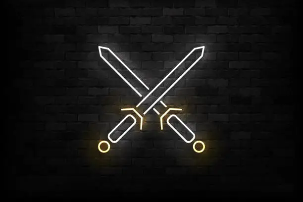 Vector illustration of Vector realistic isolated neon sign of Crossed Swords logo for template decoration and covering on the wall background.