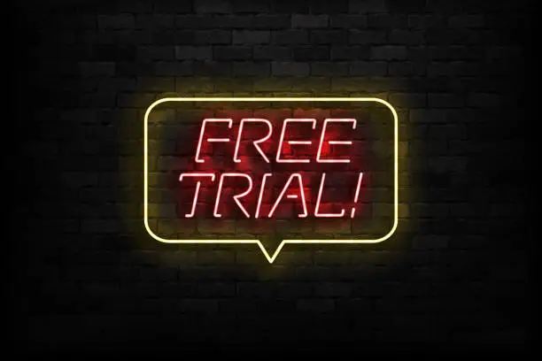 Vector illustration of Vector realistic isolated neon sign of Free Trial logo for template decoration and layout covering on the wall background.