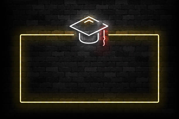 Vector realistic isolated neon sign of Graduation frame logo for template decoration and layout covering on the wall background. Vector realistic isolated neon sign of Graduation frame logo for template decoration and layout covering on the wall background. teacher borders stock illustrations