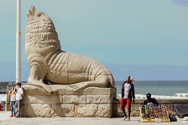 Two Senegalese men sell sunglasses on the ravine while children take a picture next to the statue of the sea lion Mar del Plata, Argentina - February 8, 2019: Two Senegalese men sell sunglasses on the ravine while children take a picture next to the statue of the sea lion sea lion photos stock pictures, royalty-free photos & images