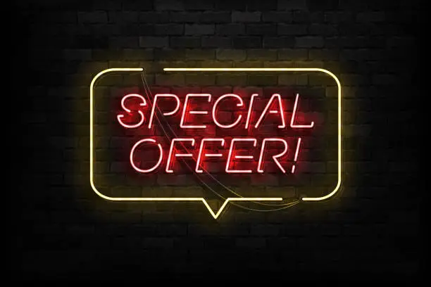 Vector illustration of Vector realistic isolated neon sign of Special Offer logo for template decoration and covering on the wall background. Concept of online shopping and e-commerce.