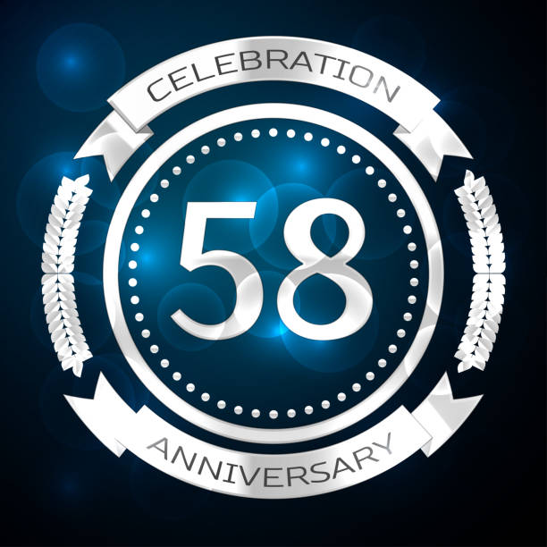 Fifty eight 58 Years Anniversary Celebration Design. Silver ring and ribbon on blue background. Colorful Vector template elements for your birthday party