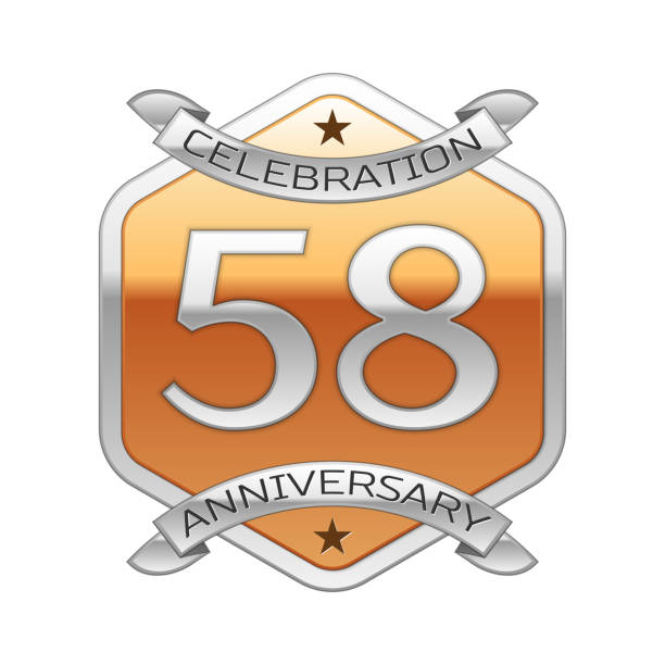 Fifty eight 58 Years Anniversary Celebration Design. Silver ribbon and golden hexagonal ornament on white background. Colorful Vector template elements for your birthday party