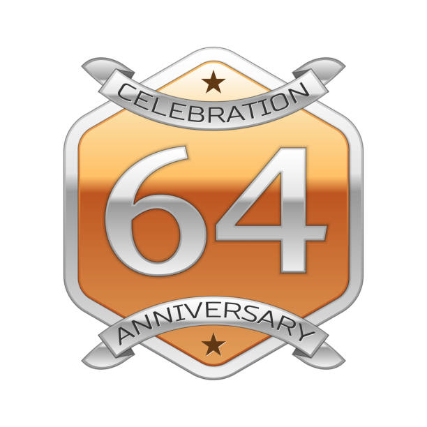 istock Sixty four 64 Years Anniversary Celebration Design. Silver ribbon and golden hexagonal ornament on white background. Colorful Vector template elements for your birthday party 1133412834