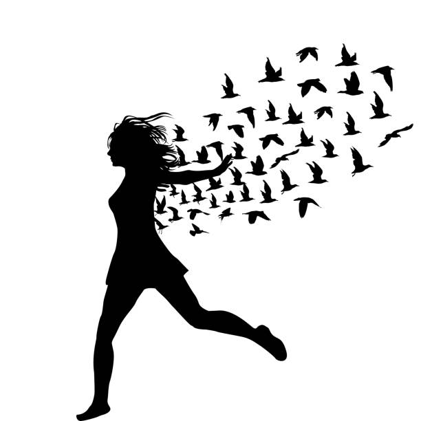 Silhouette of young woman jumping with birds flying from her Silhouette of young woman jumping with birds flying from her, abstract illustration women flying bird freedom stock illustrations