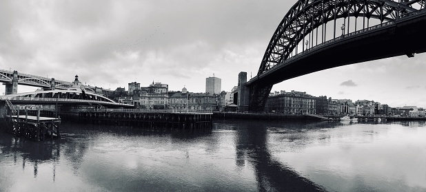 Panoramic view of Newcastle Upon Tyne from Gateshead quayside.