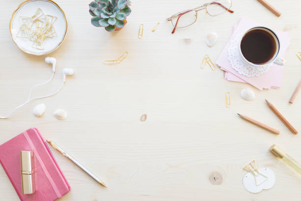 istock Female working space in pastel tones 1133415115