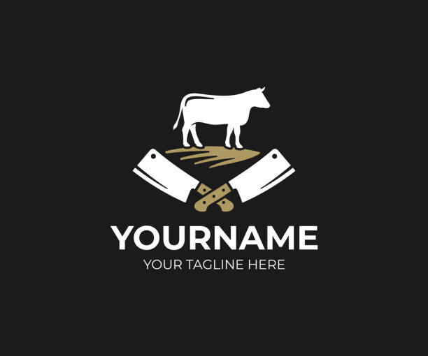 stockillustraties, clipart, cartoons en iconen met slagerij design. koe en vlees hakmes mes vector design. slagerij ontwerp - hakmes