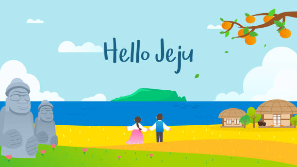 Hello Jeju Poster Vector Illustration Beautiful Mountain Hallasan With  Meadow And Couple In Korean Traditional Hanbok Costume Stock Illustration -  Download Image Now - iStock